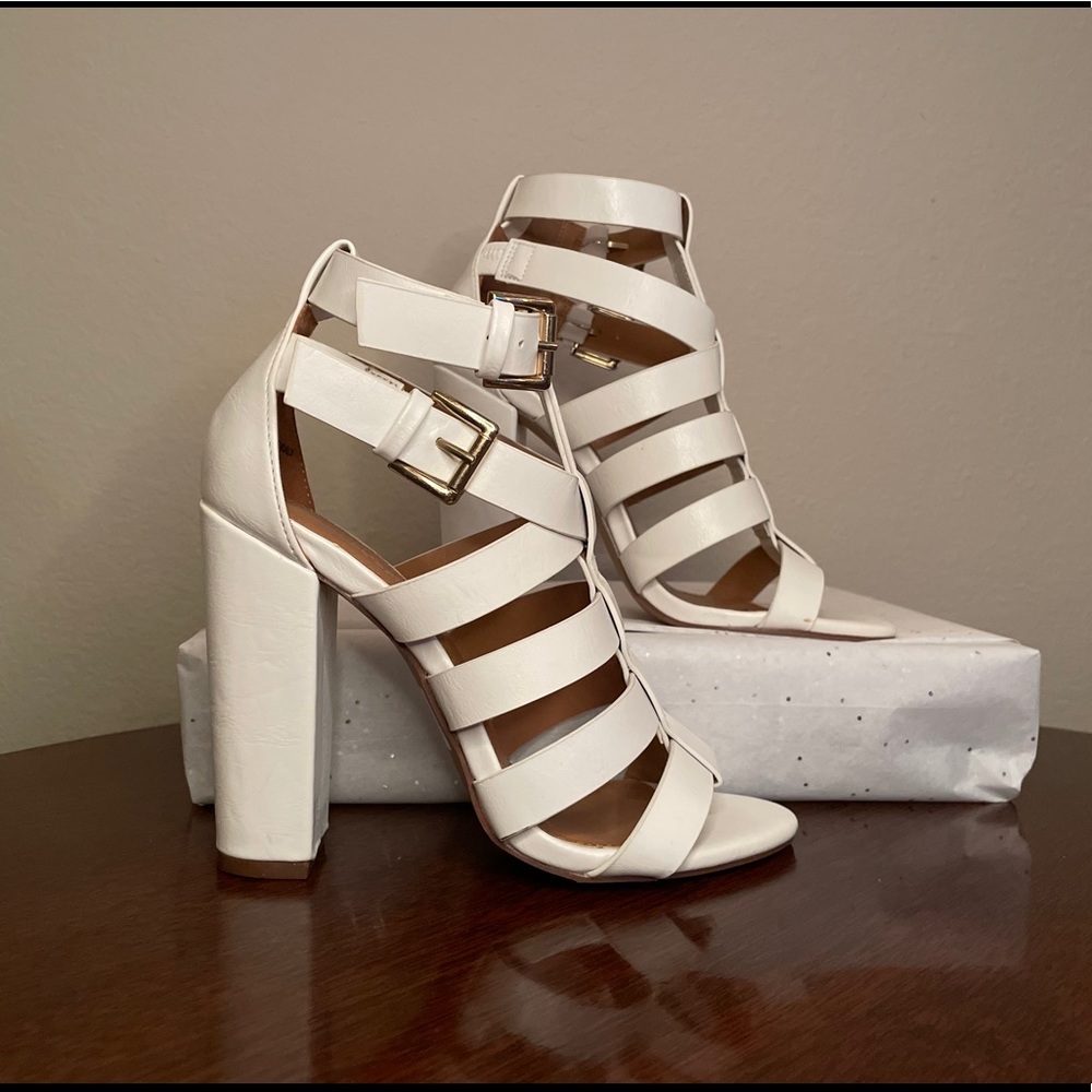 Strappy white heels
